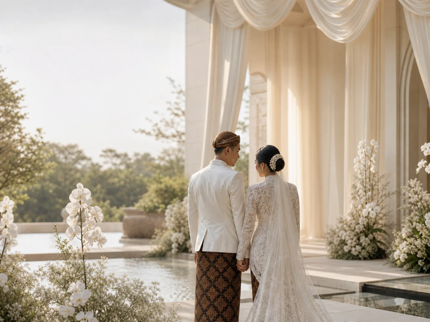 Pasangan pengantin Indonesia dalam suasana pernikahan bernuansa ivory